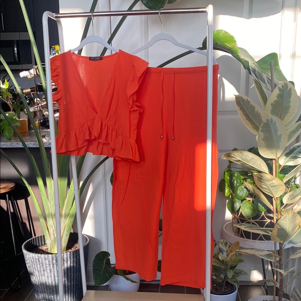 Women's Orange Ruffle Top and Pant Set